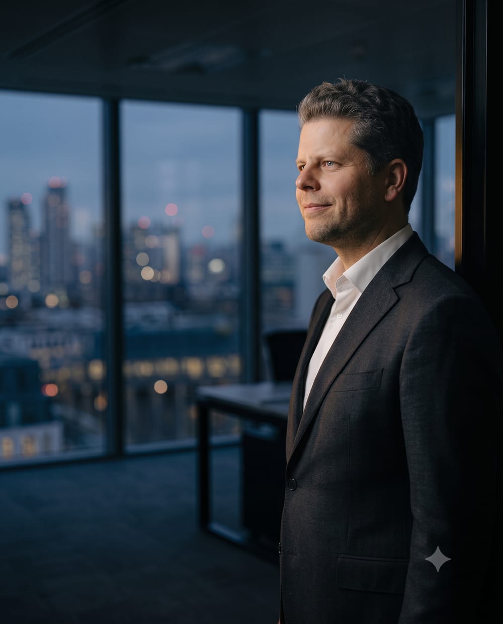 Elmar Seestädt am Bürofenster mit Blick über die abendliche Stadt