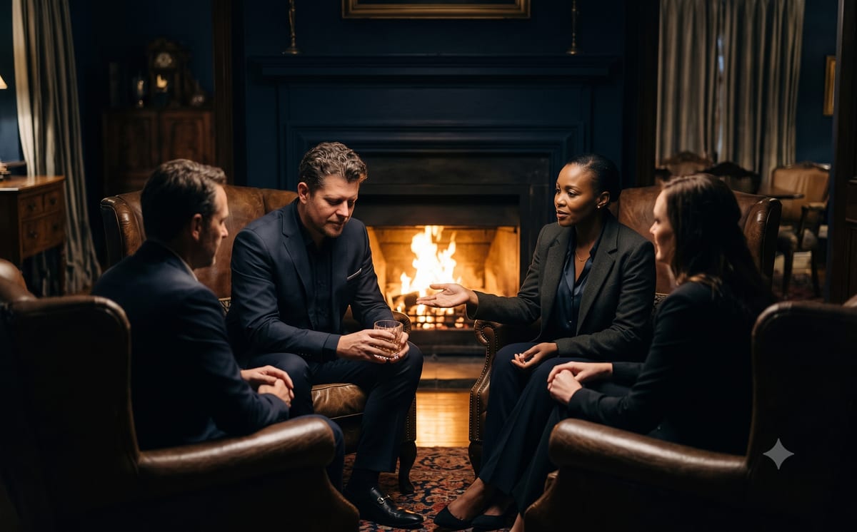 Executives im Gespräch am Kamin bei warmem Feuerschein – der Kaminabend der Masterclass.