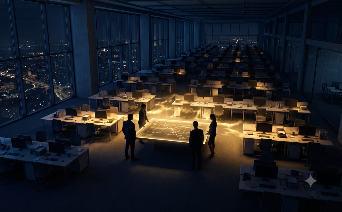 Nächtliche Projektetage in einem Hochhaus, von leicht erhöhtem Blickwinkel: Vier Silhouetten stehen um einen zentralen Tisch, auf dem ein goldener Programmplan leuchtet. Von dort breitet sich eine warme Lichtwelle über die dunklen Schreibtischreihen aus – die nächsten Reihen sind schon erleuchtet, die hinteren liegen noch im Blau der Nacht. Hinter den Fenstern die Lichter der Stadt.
