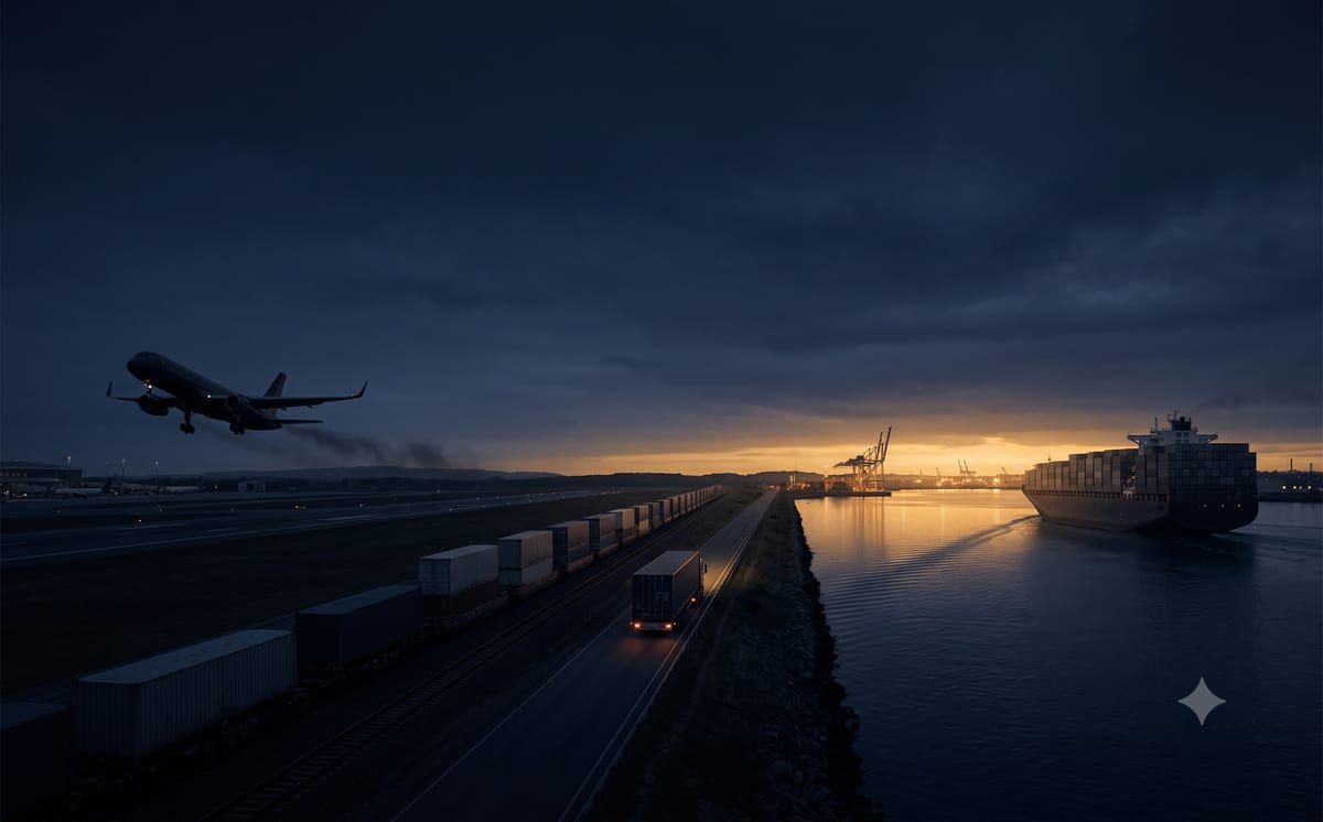 Stilisierte Logistikkette in der Abenddämmerung: Frachtflugzeug, Güterzug und Lkw laufen auf einen Hafen mit ablegendem Containerschiff zu