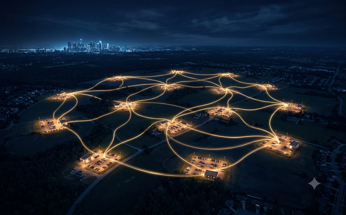 Nächtliche Luftaufnahme einer dunklen Landschaft: Verstreute, warm beleuchtete Autohäuser mit Reihen geparkter Fahrzeuge sind durch goldene Lichtlinien direkt miteinander zu einem dezentralen Netz verwoben – ein Marktplatz in Händlerhand, ohne zentralen Hub. Am Horizont leuchtet kühl und distanziert die Skyline der etablierten Großen.