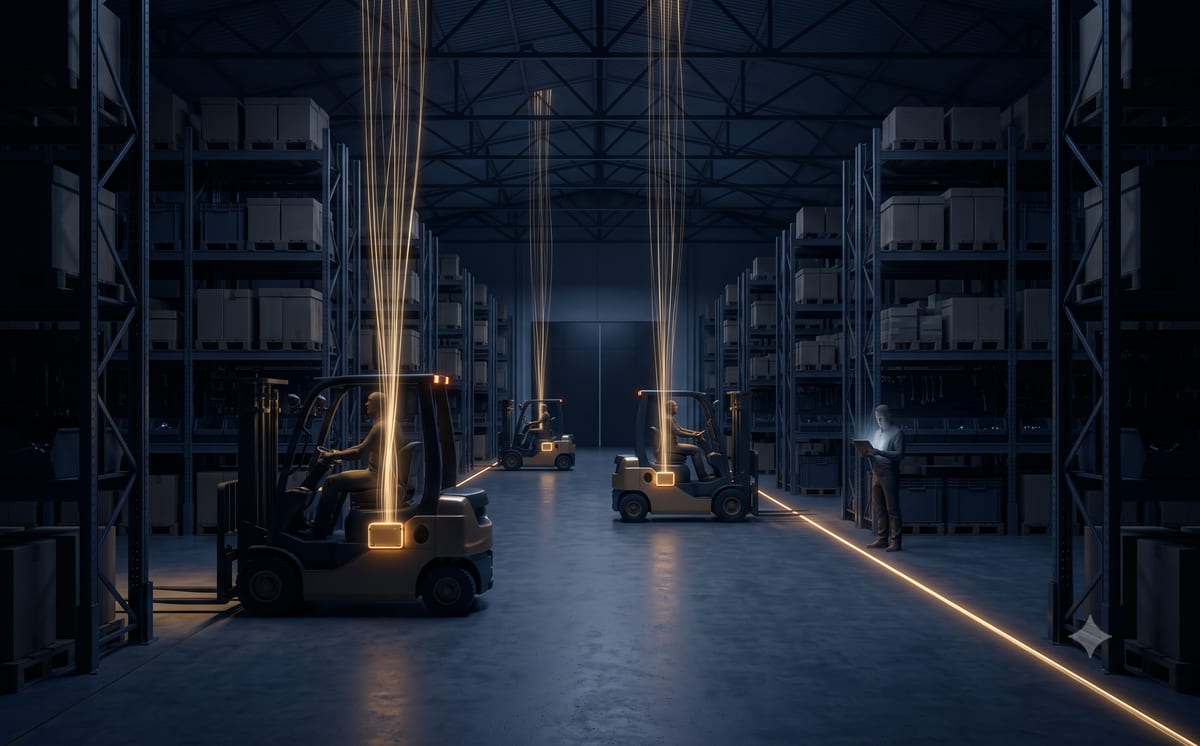 Bemannte Gabelstapler mit glimmenden Telematikboxen und angedeuteten Datenverbindungen in einer dunklen Lagerhalle, ein Lagerleiter mit Tablet überwacht die Flotte – Sinnbild eines vernetzten IoT-Flottenmanagements.