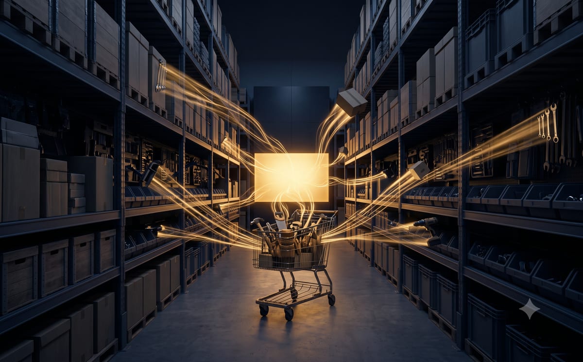Dunkler Baumarkt-Gang bei Nacht: Lichtspuren verbinden Regale, Einkaufswagen und eine leuchtende digitale Fläche am Ende des Gangs – Sinnbild des Multi-Channel-Handels im DIY-Bereich.