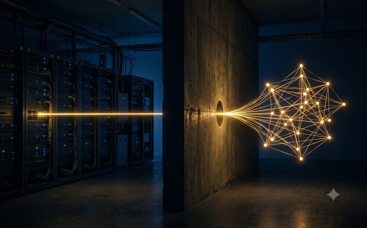 Nächtliche Szene des Architektur-Turnarounds: Links stehen Legacy-Server-Racks im dunklen Rechenzentrum, ein goldenes Glasfaserkabel führt durch eine Öffnung in einer massiven Betonwand und fächert sich rechts zu einem schwebenden, leuchtenden Knoten-Mesh auf – der Cloud-nativen SDN-Cloud.
