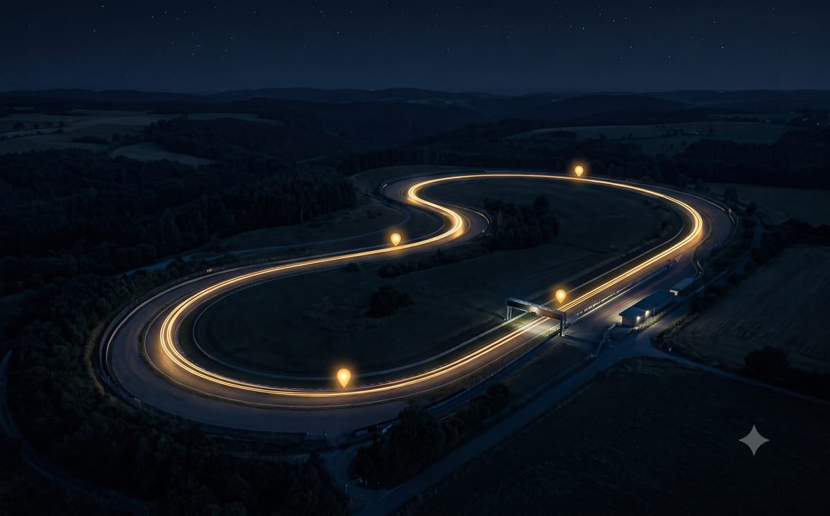 Nächtliche Luftaufnahme einer Rennstrecke in dunkler Hügellandschaft: Eine goldene Lichtspur zieht sich als geschlossener Rundkurs über den Asphalt, vier leuchtende Wegpunkt-Marker gliedern die Runde – Sinnbild des quartalsweisen RaceTrack-Portfolio-Prozesses. An der Start-Ziel-Brücke ist die Strecke hell erleuchtet.