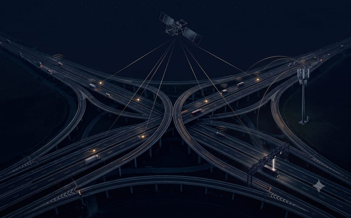 Satellit, Mobilfunkmast und Kontrollbrücke über einem nächtlichen Autobahnkreuz – Sinnbild des satellitengestützten Mautsystems mit GNSS-Ortung, GSM-Datenübertragung und stationärer Kontrolle.